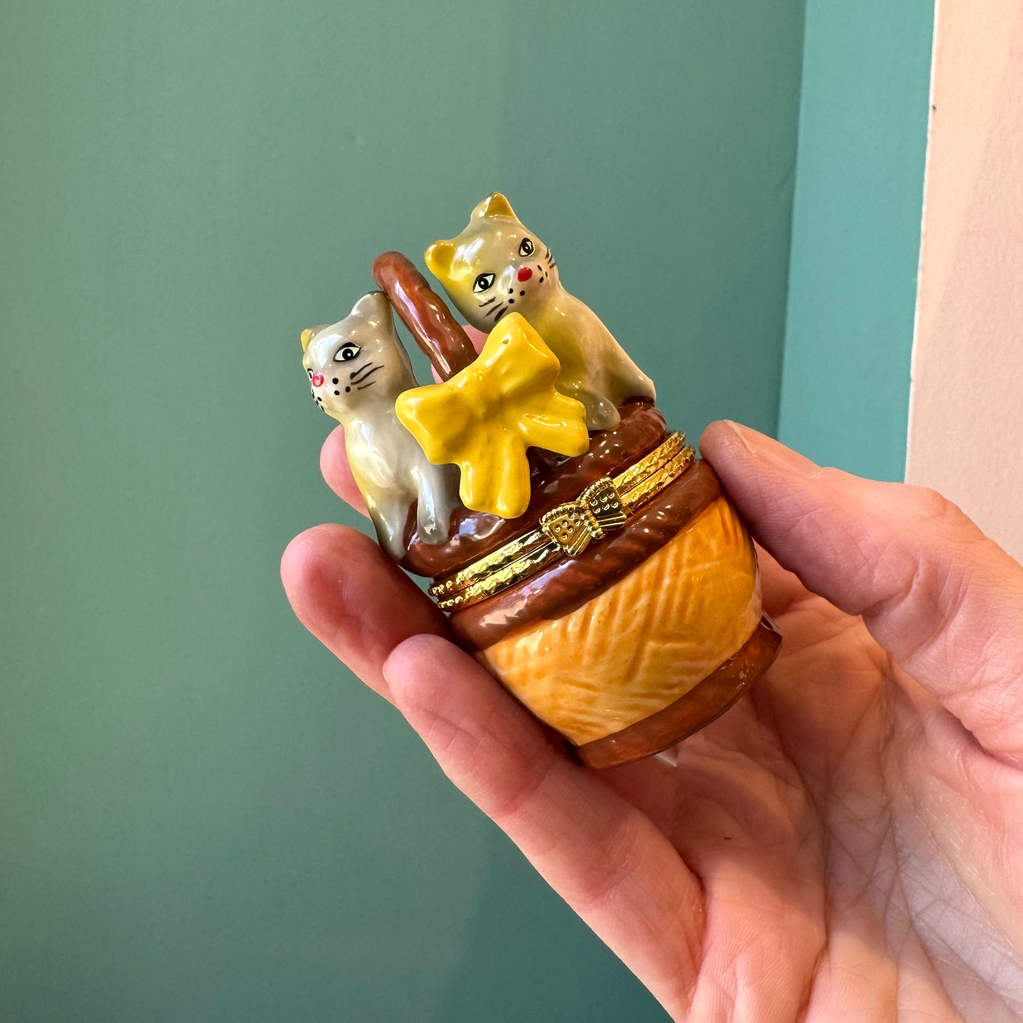 Adorable Cats in a Basket Hand Painted Trinket Box