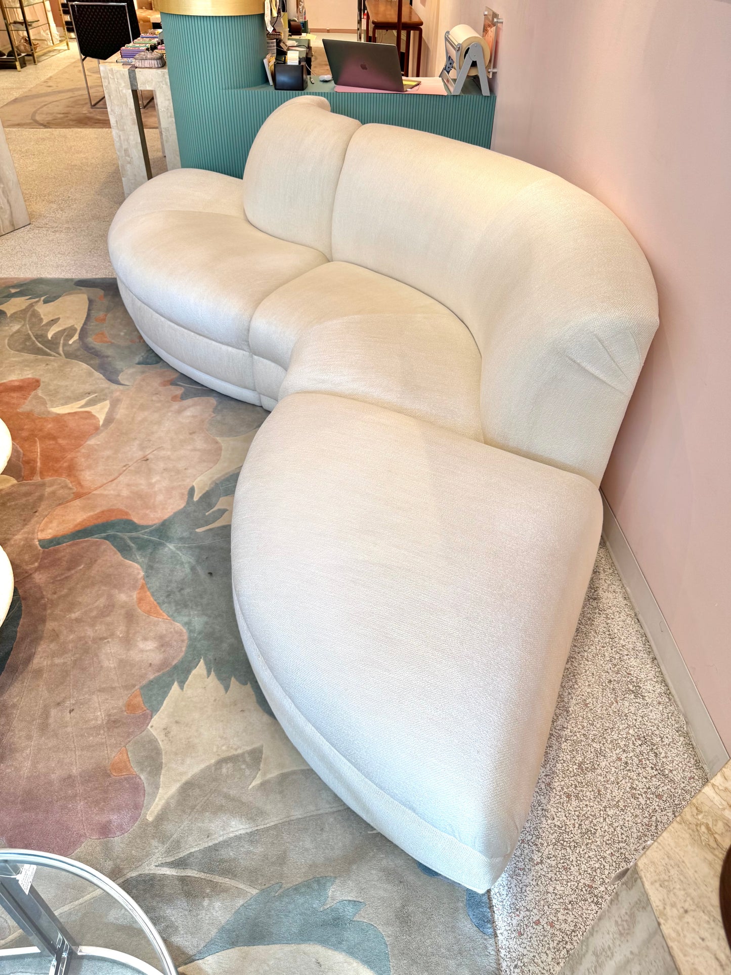 Vintage Three Piece Serpentine Ivory Sectional Sofa