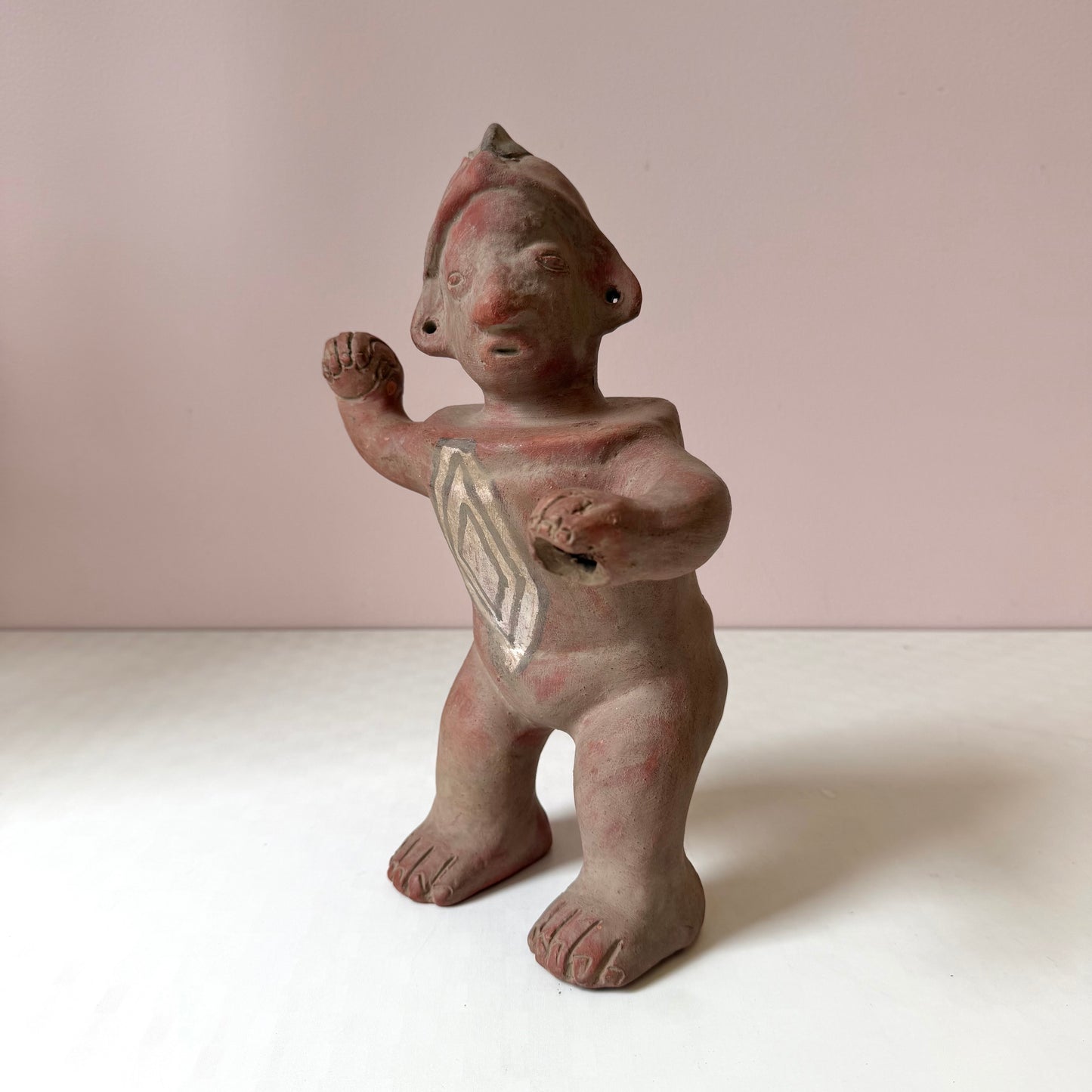 Vintage Mid-Century Handcrafted Aztec-Style Clay Warrior Sculpture
