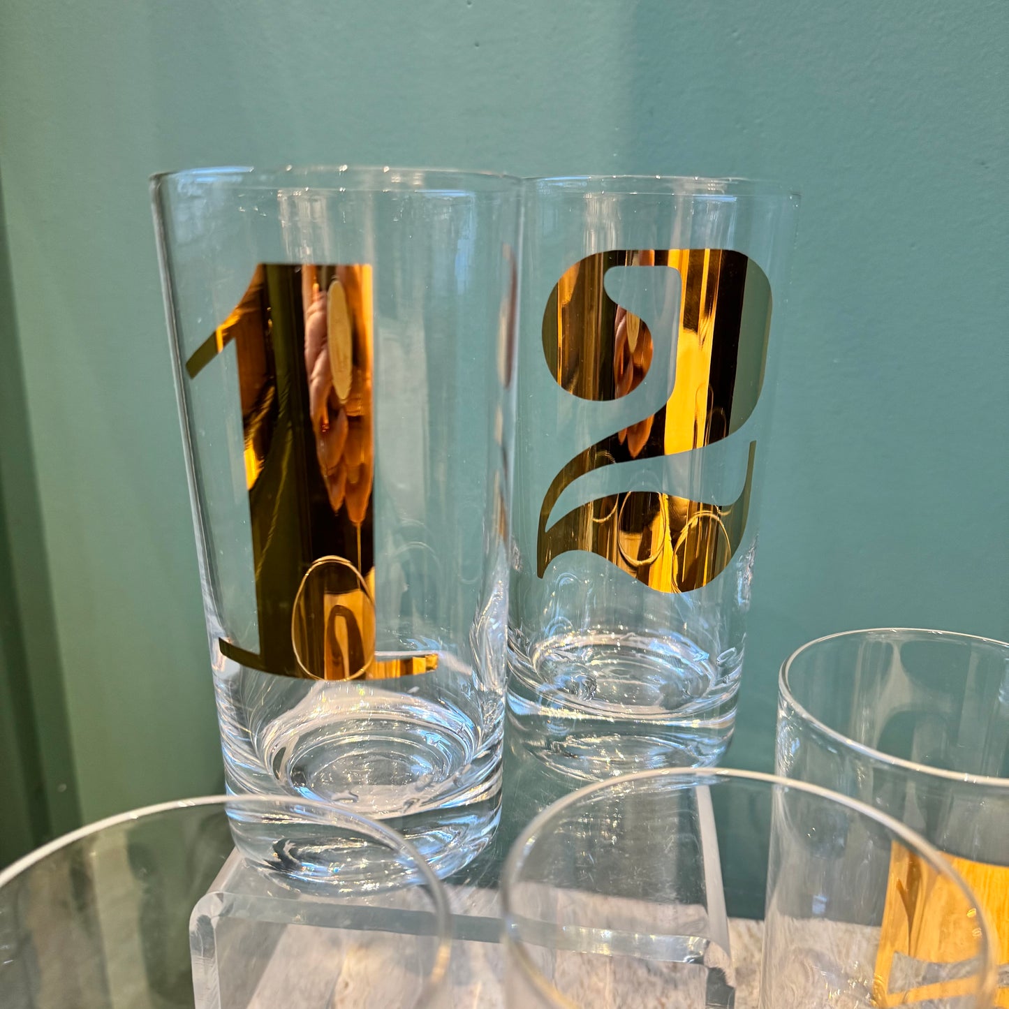 Mid Century Gold Numbered “Morgan” Highball Glasses Set 1-8