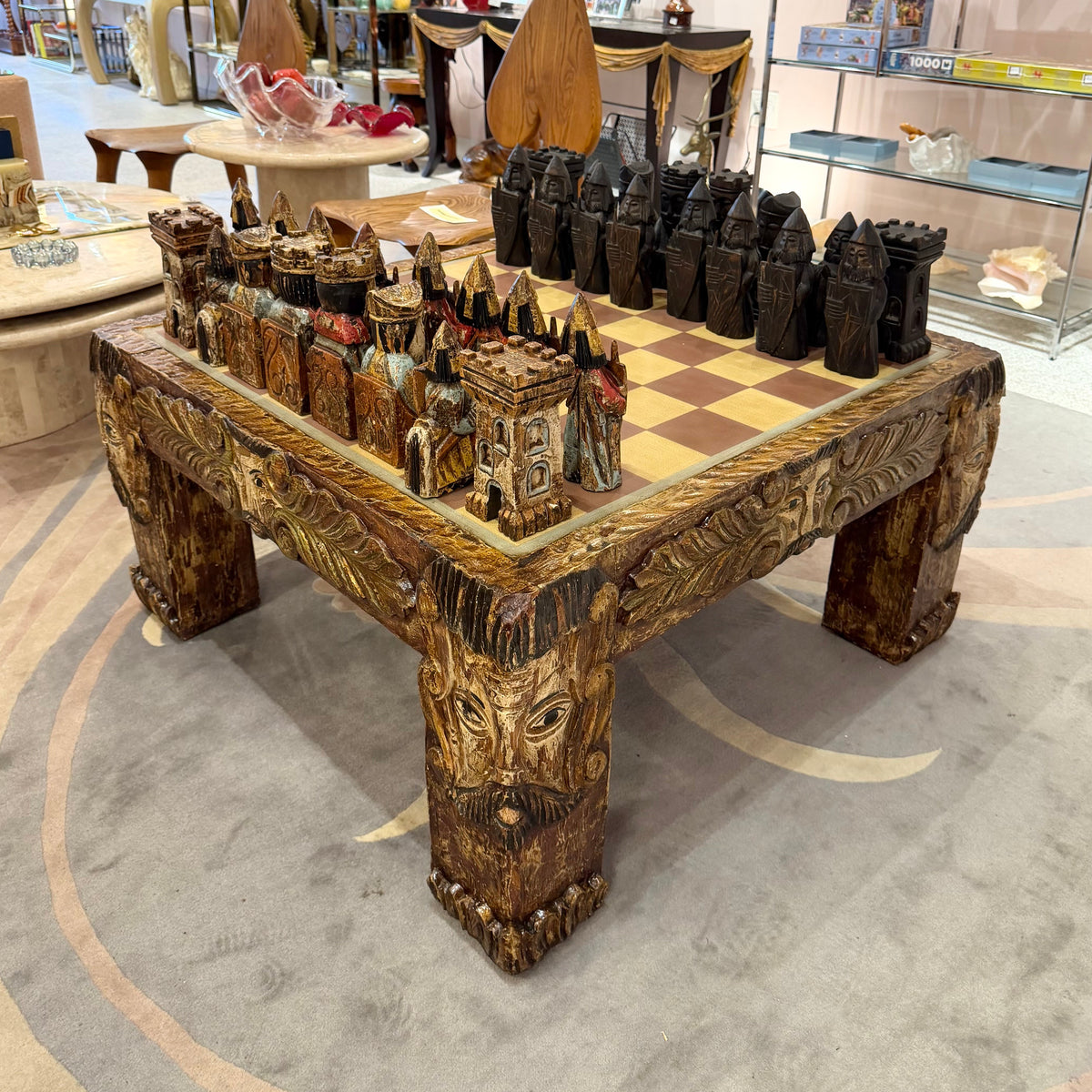 Vintage Mid-Century Carved Chess Board Coffee Table with Chess Pieces