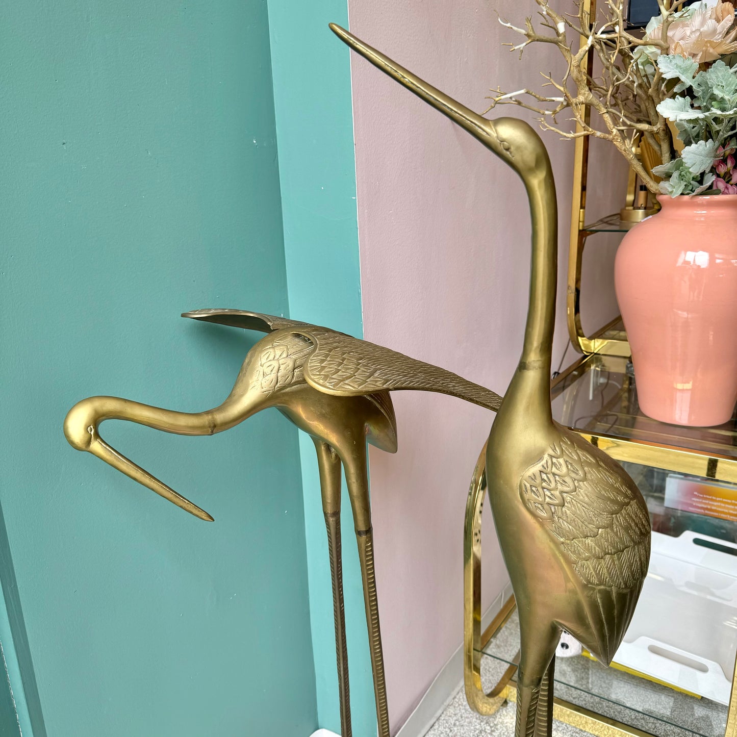 Pair of Extra Large Vintage Brass Crane Birds