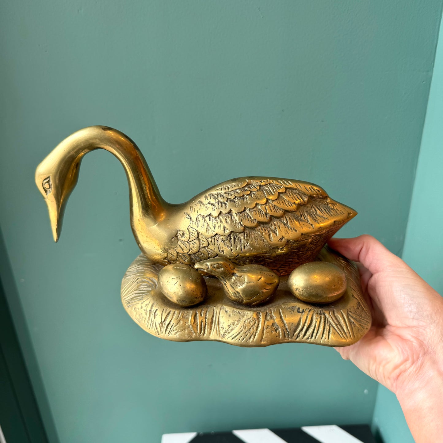 Vintage Brass Duck With Chick and Eggs