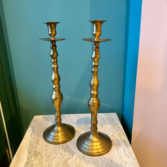 Pair of Tall Mid Century Brass Candlestick Holders 15.5”
