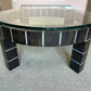 Vintage Postmodern Dark Wood Block and Glass Circular Coffee Table