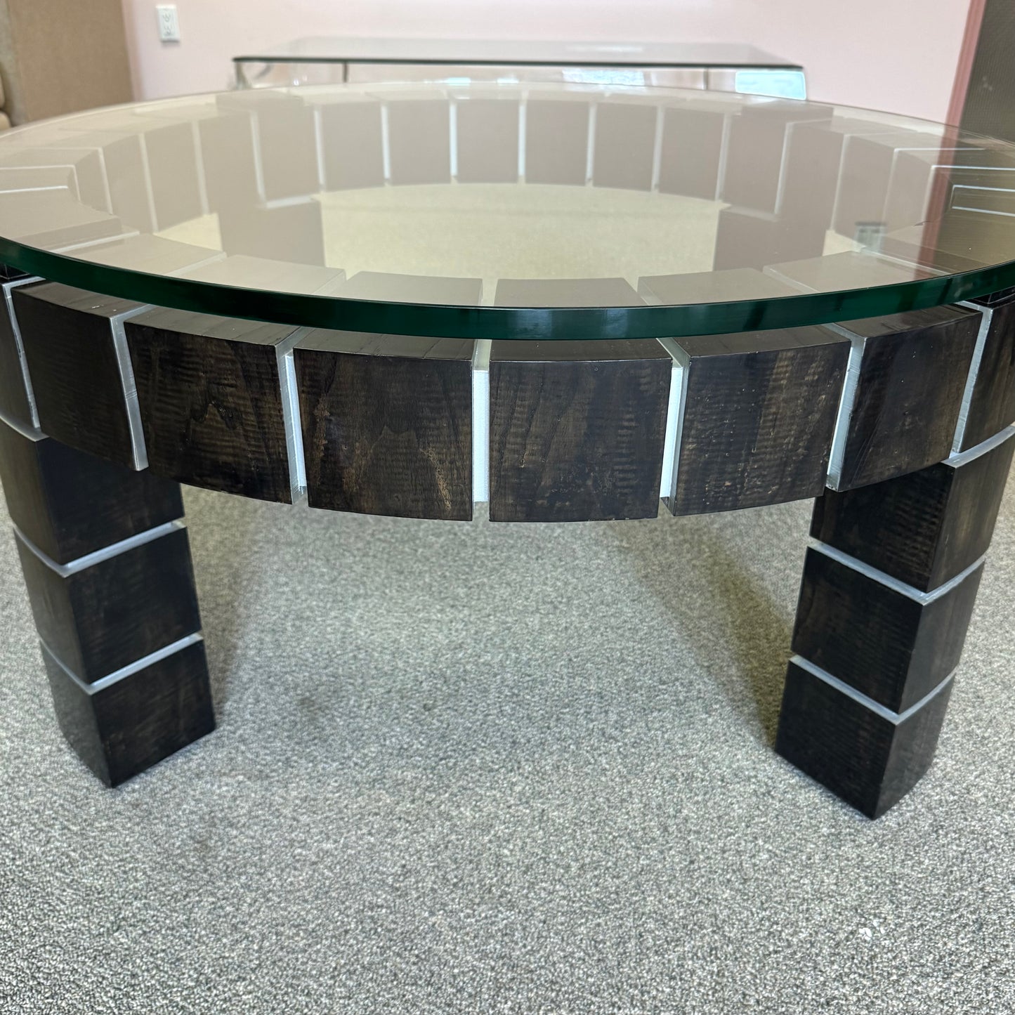 Vintage Postmodern Dark Wood Block and Glass Circular Coffee Table