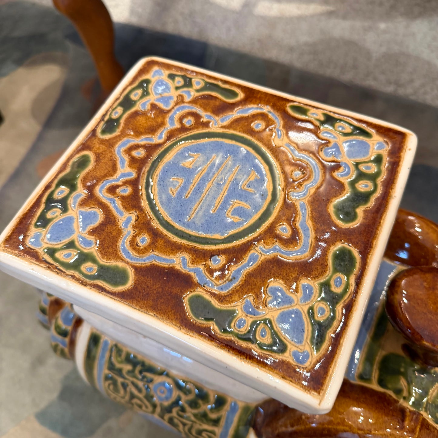 Vintage Hand Painted Brown Ceramic Asian Elephant Plant Stand
