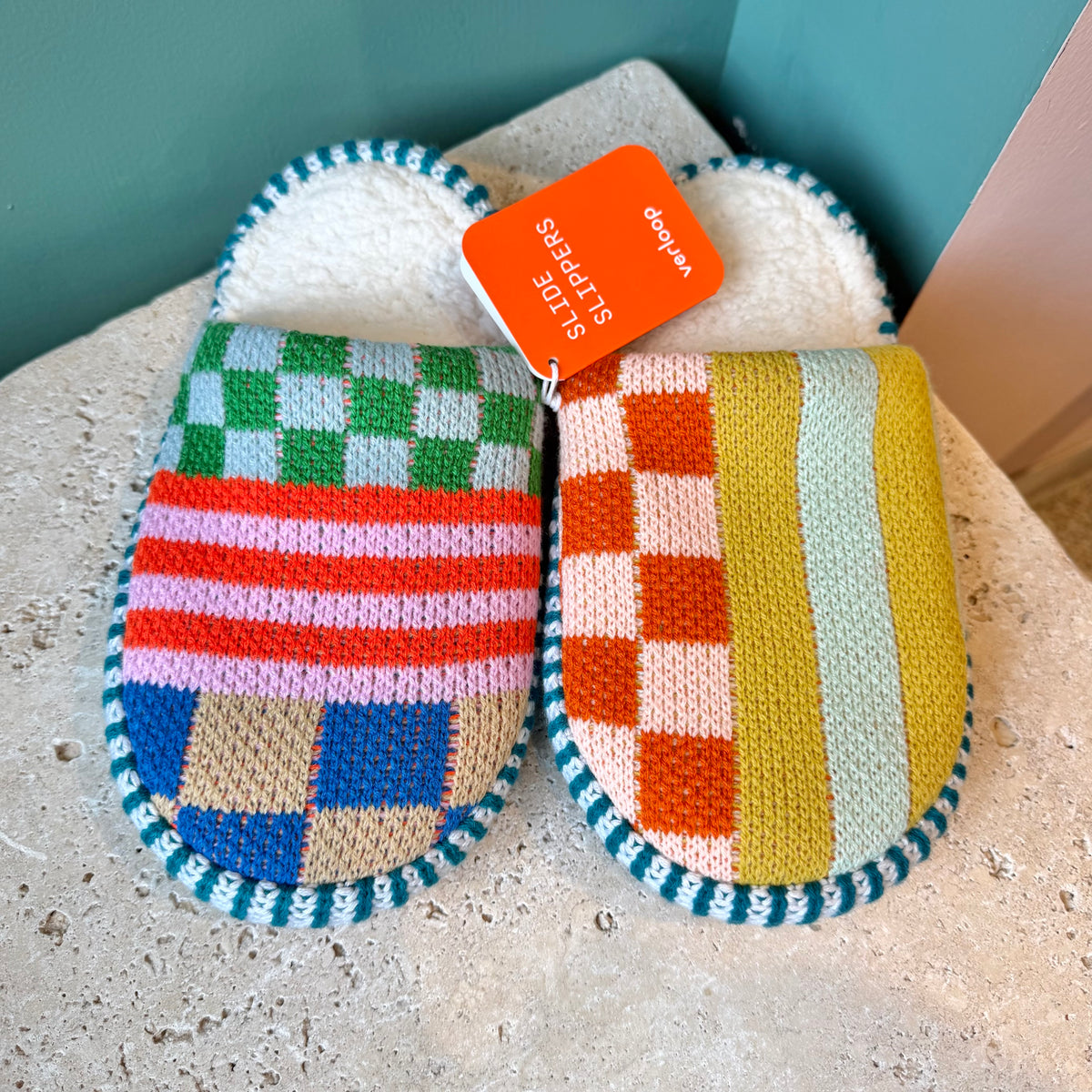 Pattern Patch Slide Slippers by Verloop Knits: Candy