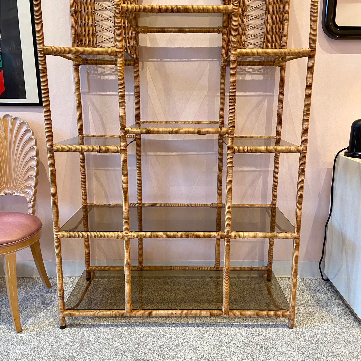 Vintage Wicker Rattan Etagere with Smoked Glass