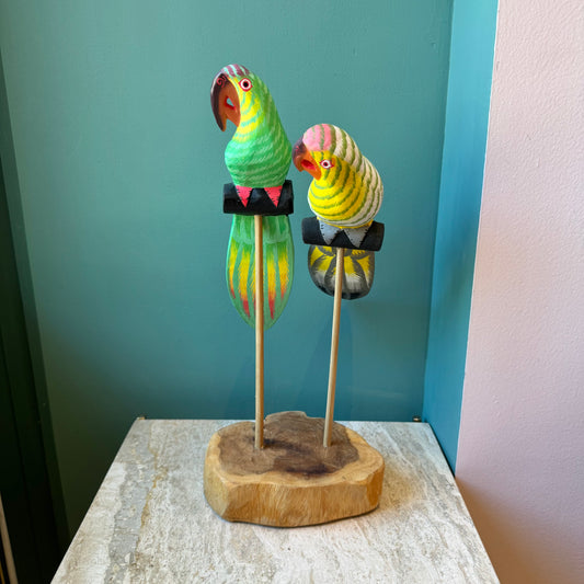 Vintage Parrots on Wooden Block Sculpture