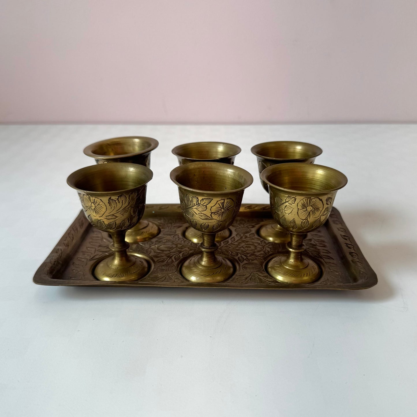Vintage Set of 6 Brass Cups with Tray
