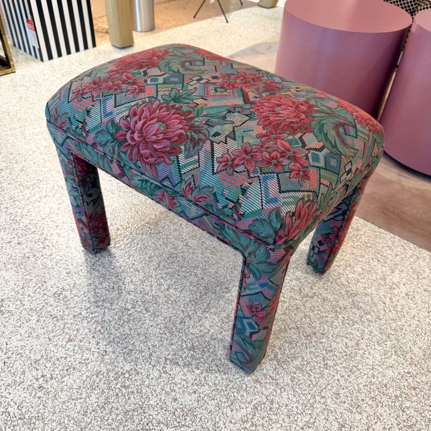Vintage 1980’s Graphic Floral Upholstered Parson’s Ottoman Bench