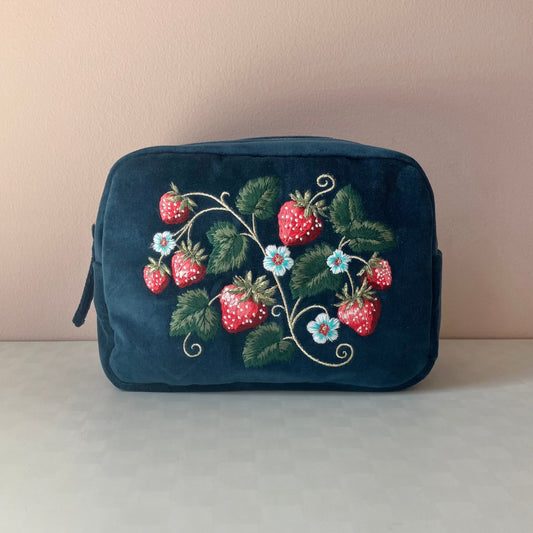 Velvet Embroidered Makeup Bag - Strawberry