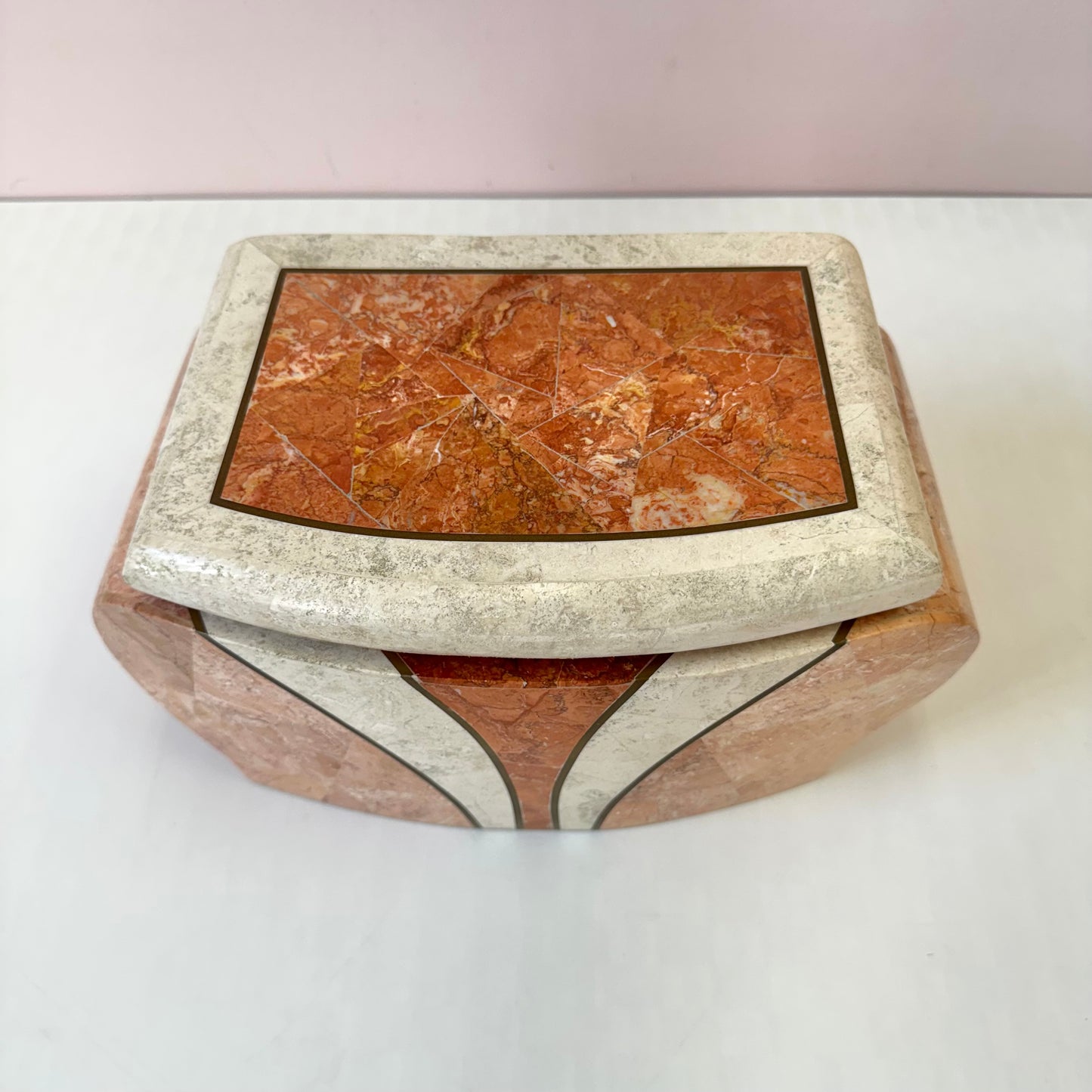 Vintage Maitland Smith Style Pink and Cream Tessellated Stone Box