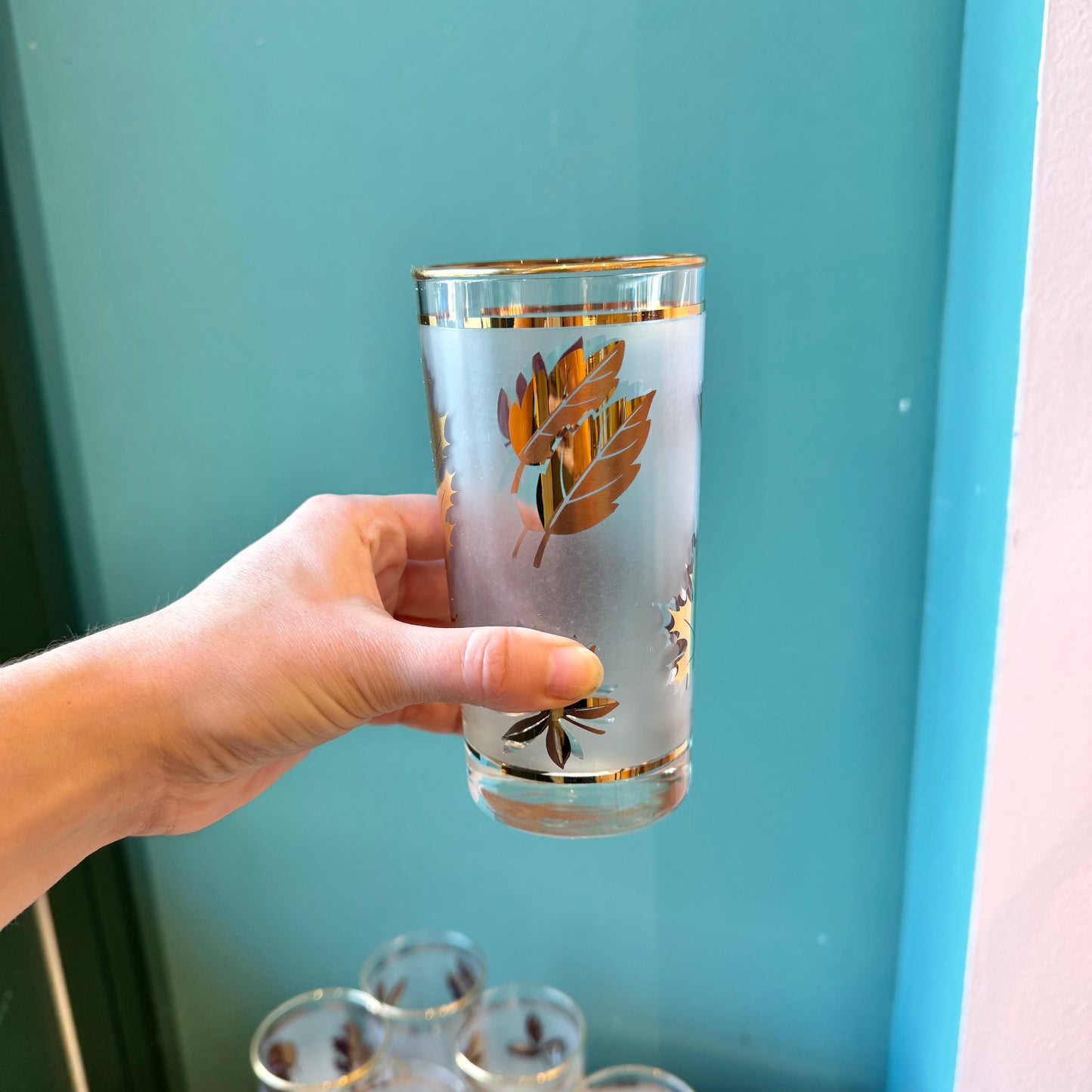 Set of 8 Mid Century Frosted Gold Leaf Drinking Glasses