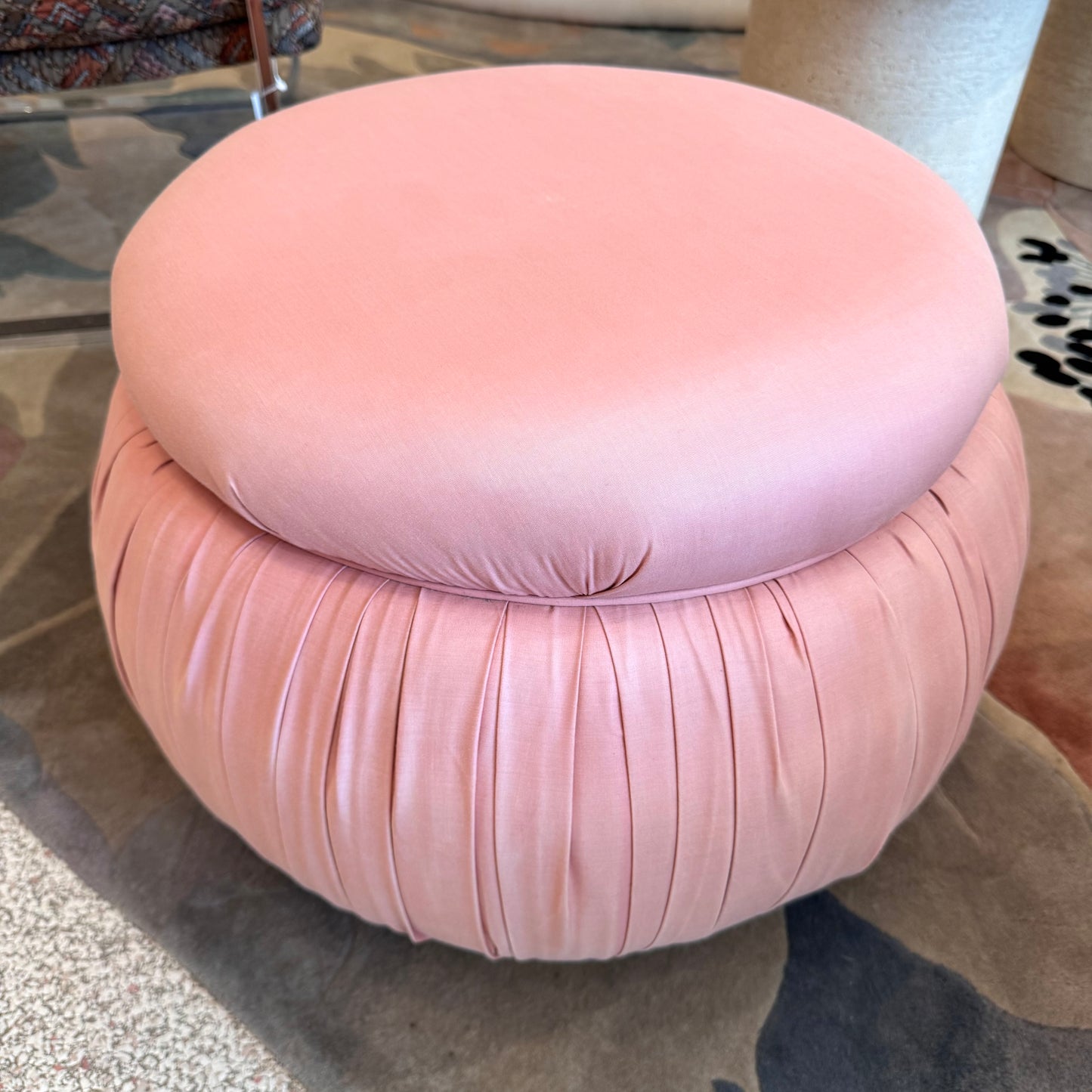 Vintage Pink Pouf Ottoman on Wheels