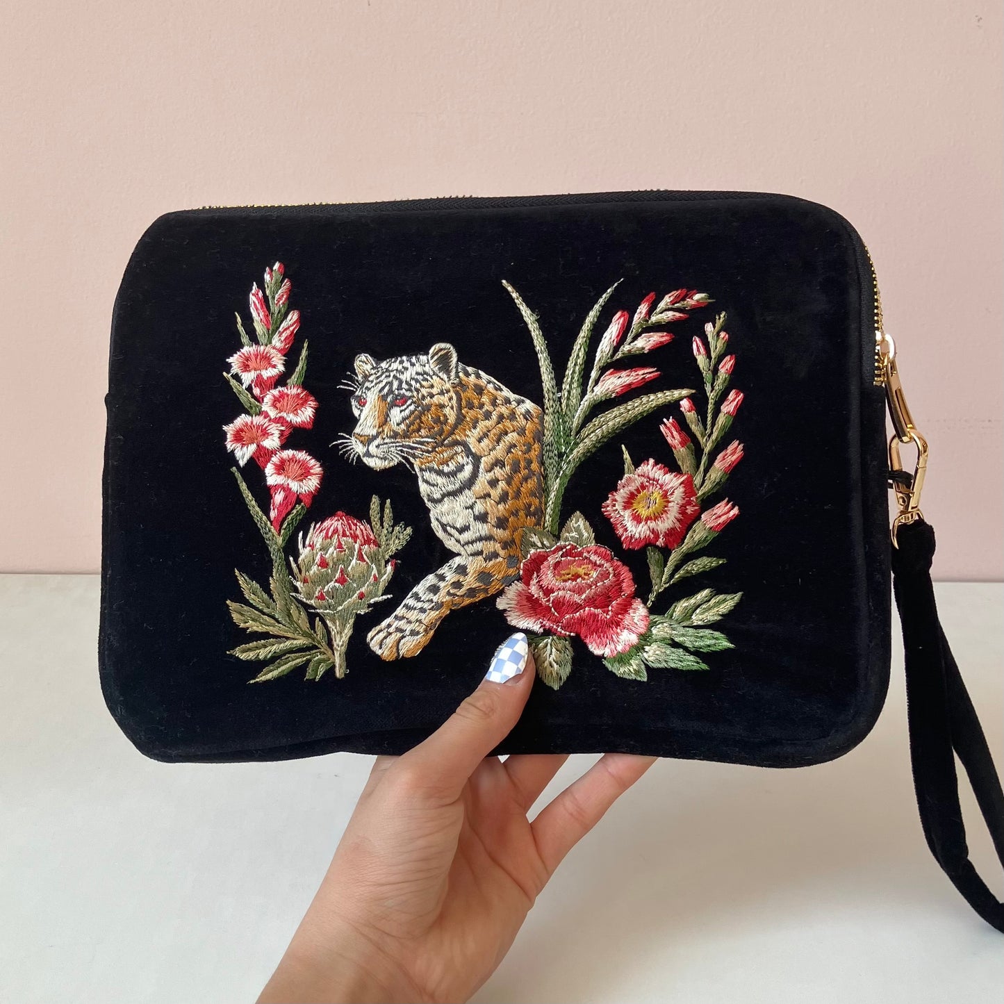 Black Velvet Embroidered Everything Pouch - Leopard