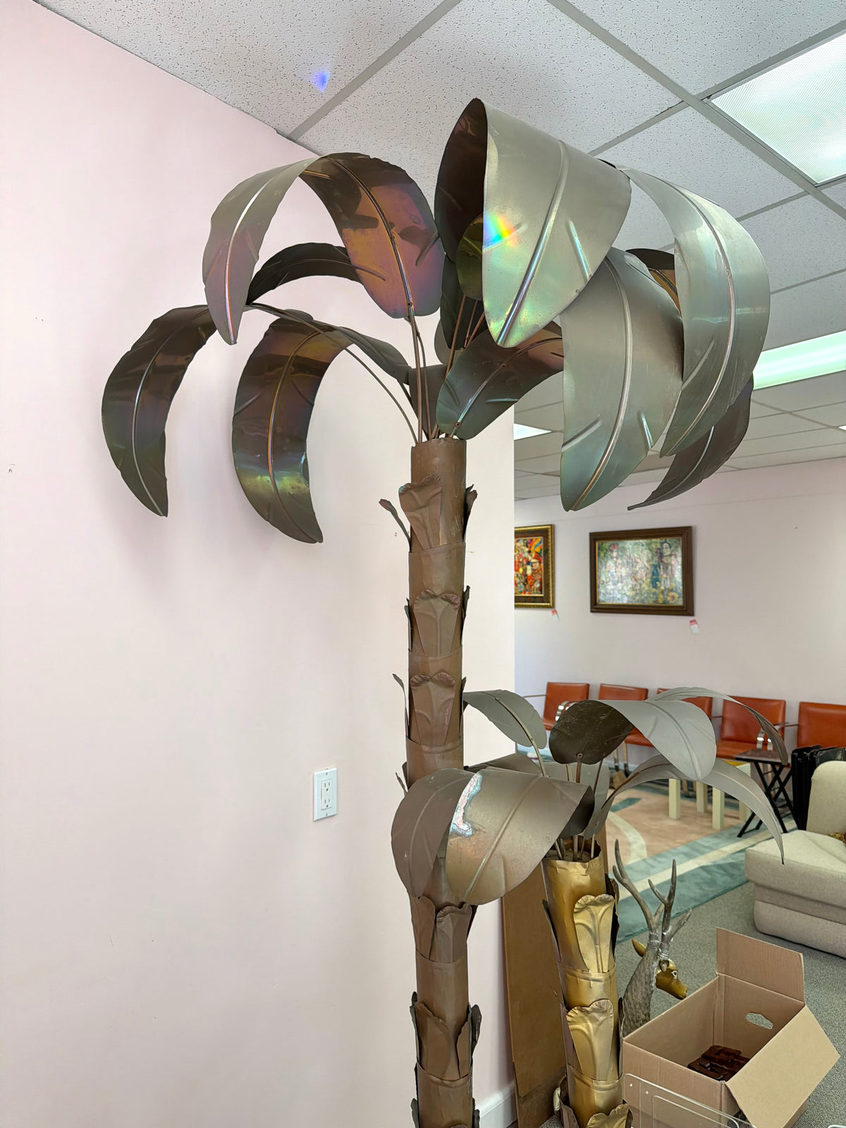 Vintage Tommaso Barbi Style Hollywood Regency Brass Palm Tree Sculpture