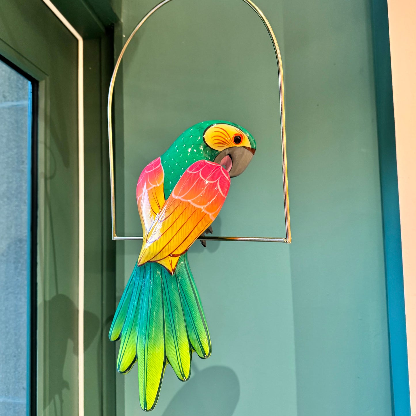 Vintage Papier Maché Parrot Sculpture on Hanging Stand
