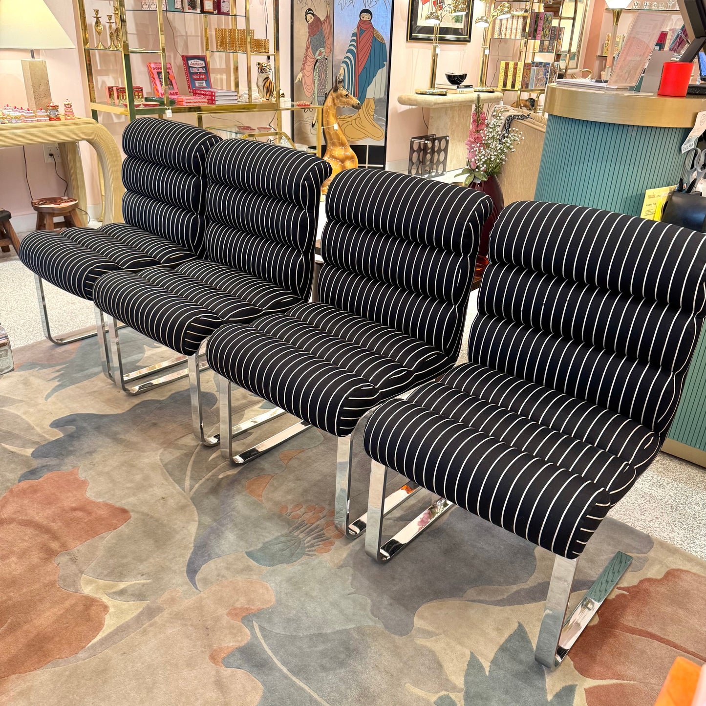 Set of Four 1970's Pace Collection Mariani Lugano Cantilever Dining Chairs in Black/White Stripe