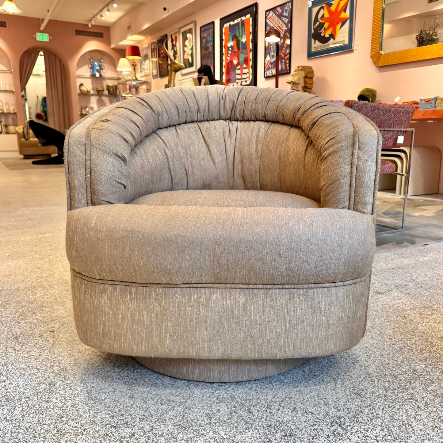 1980's Ruched Back Swivel Barrel Chair