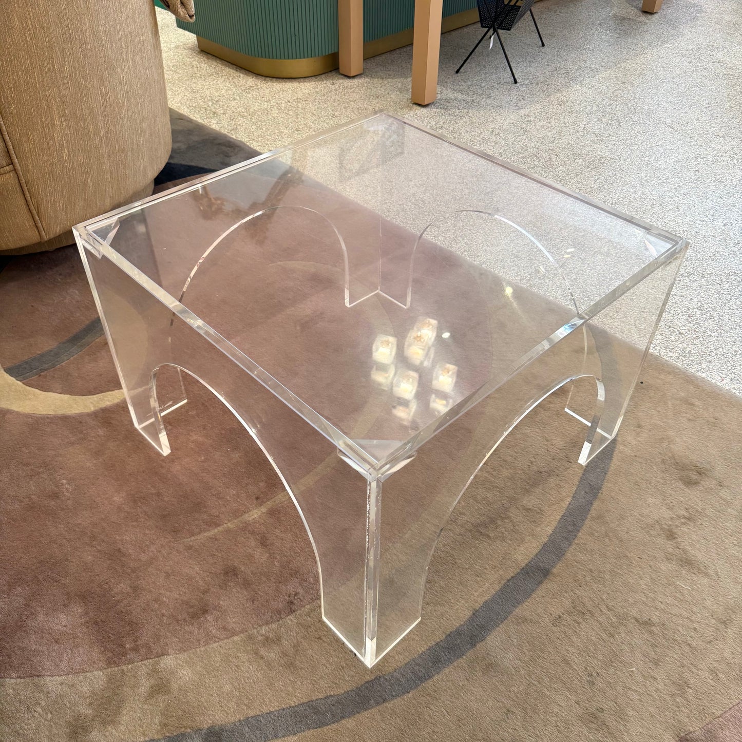 Vintage Square Lucite Coffee Table with Arch Base