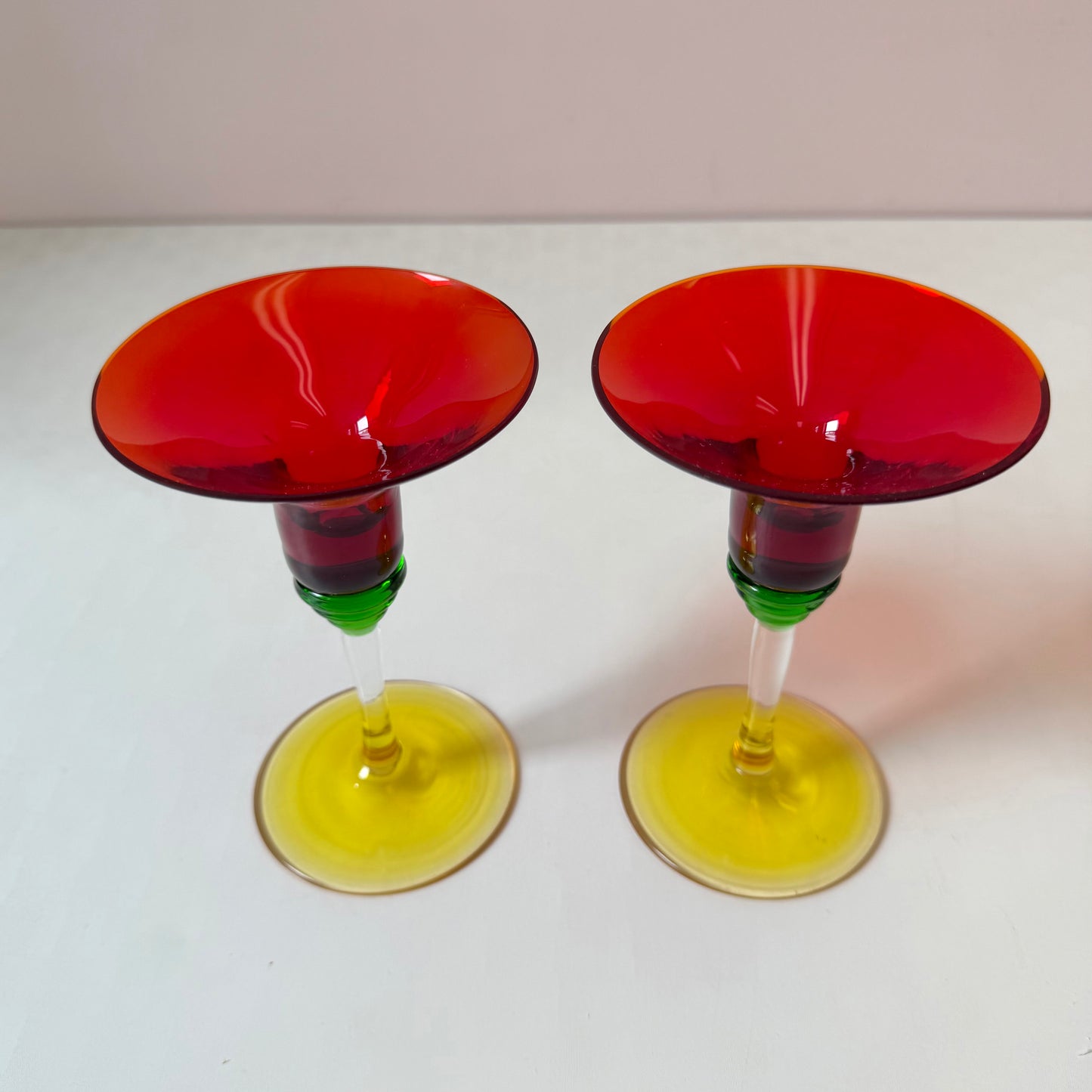 Pair of Postmodern Memphis Style Glass Candle Holders 6"