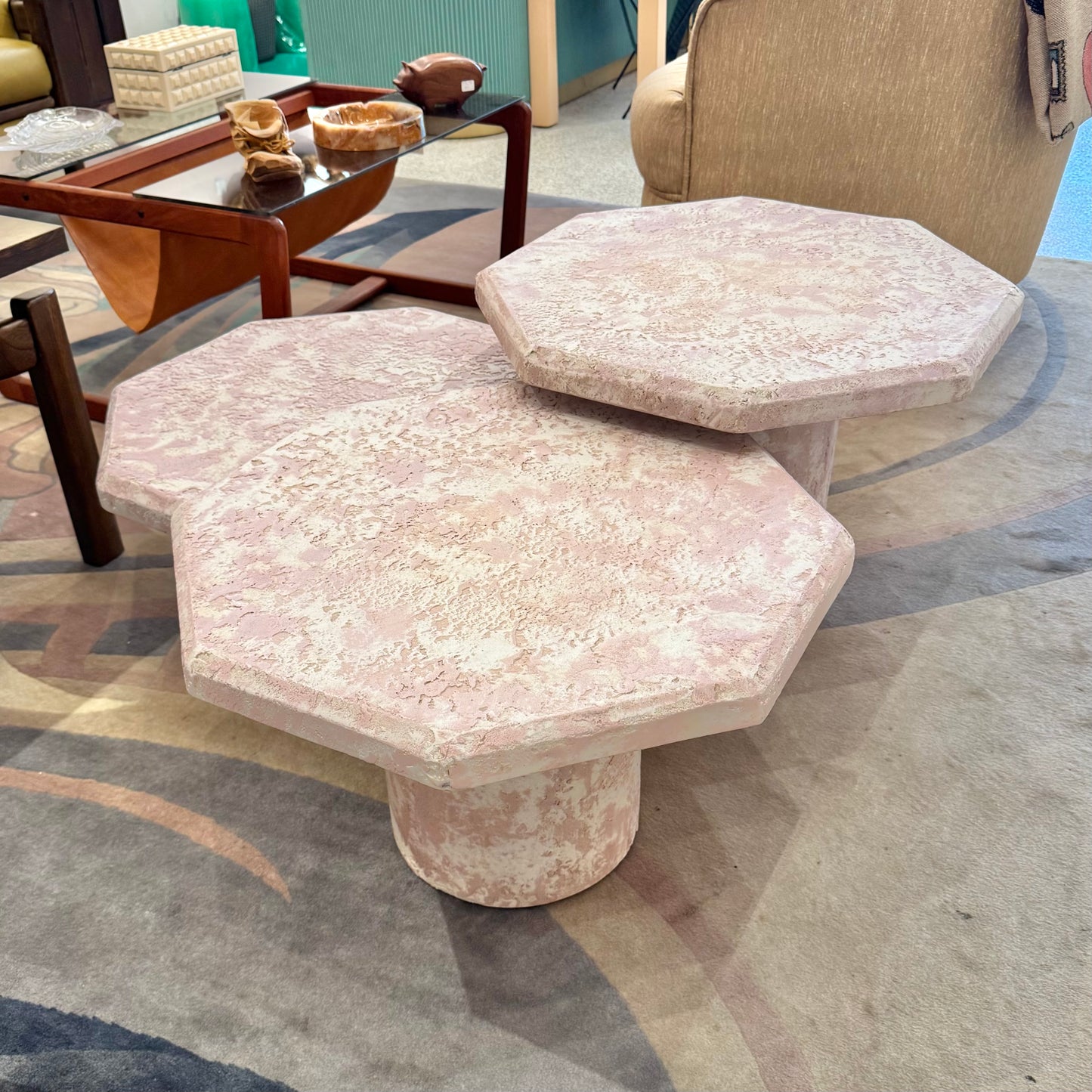 Vintage Set of 3 Pale Pink Octagonal Faux Stone Nesting Tables