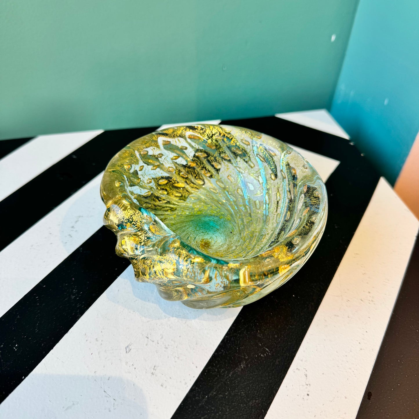 Vintage Gold and Teal Glass Bowl Ashtray