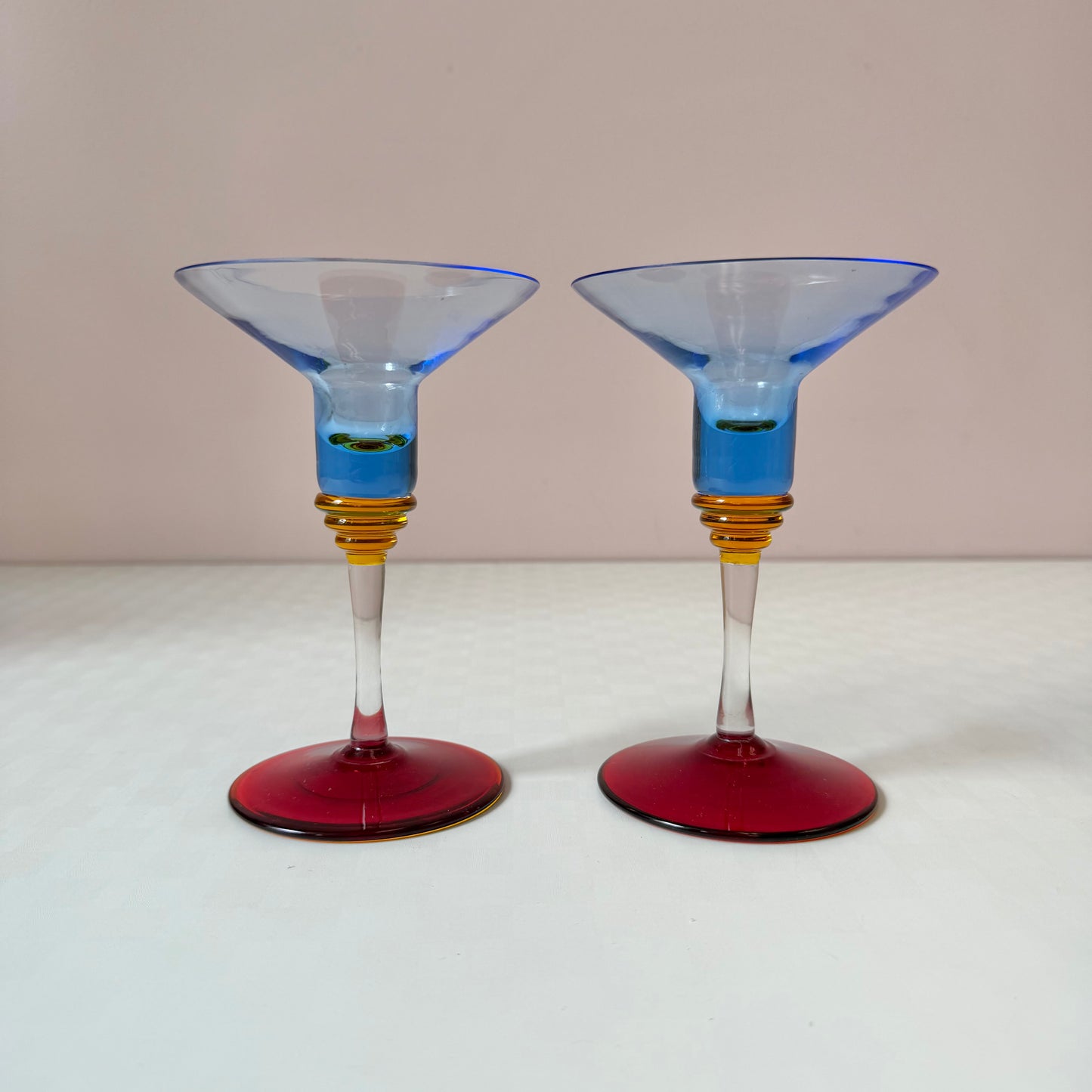 Pair of Vintage Memphis Style Glass Candle Holders 6"