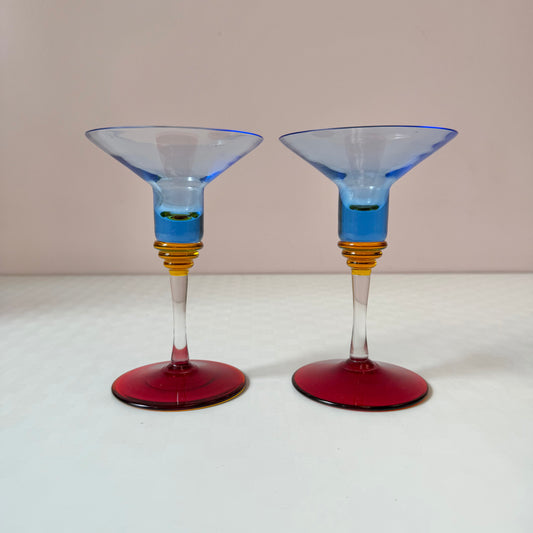 Pair of Vintage Memphis Style Glass Candle Holders 6"
