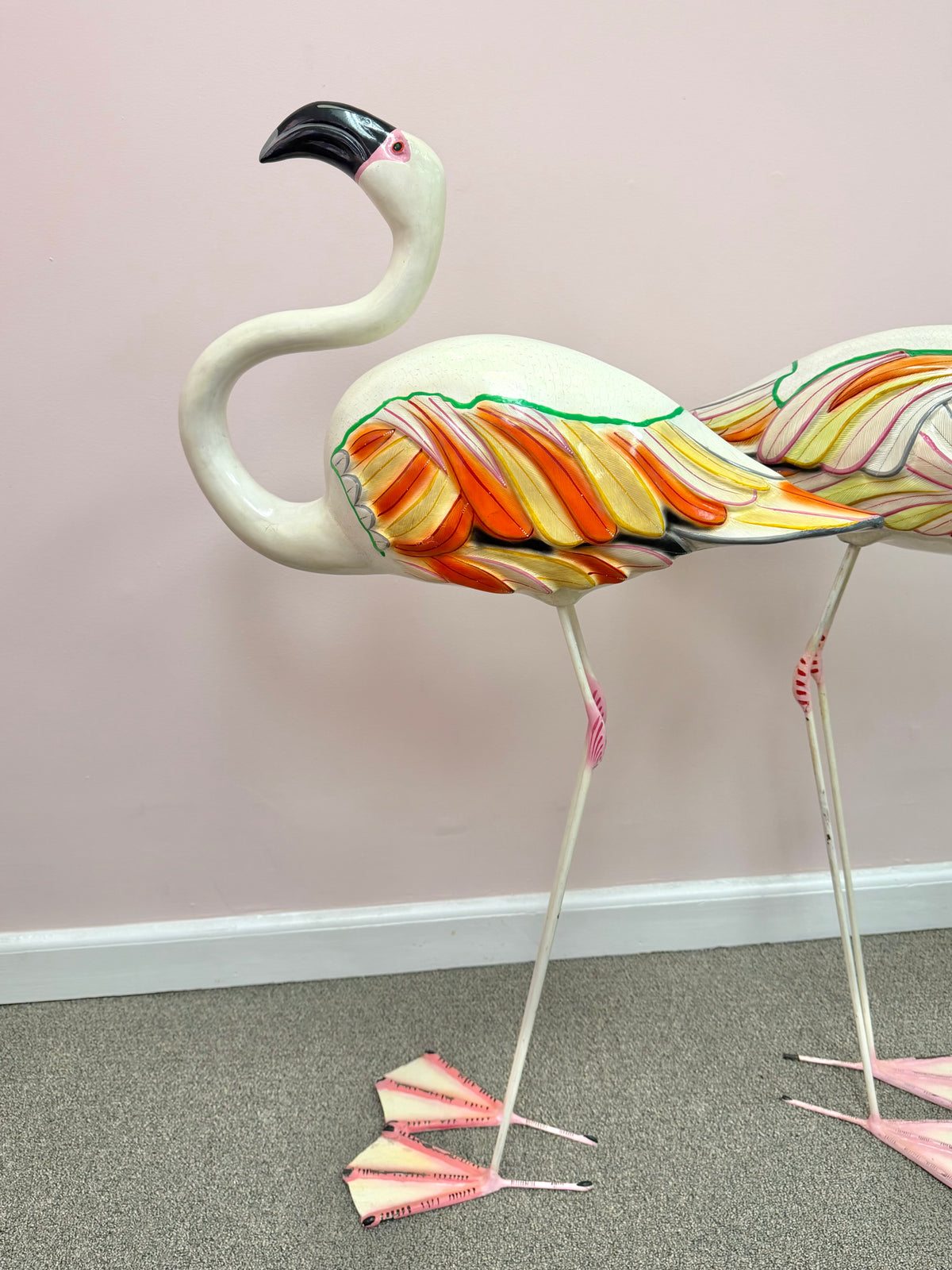 Pair of Extra Large Vintage Mexican Papier- Mache Flamingo Statues