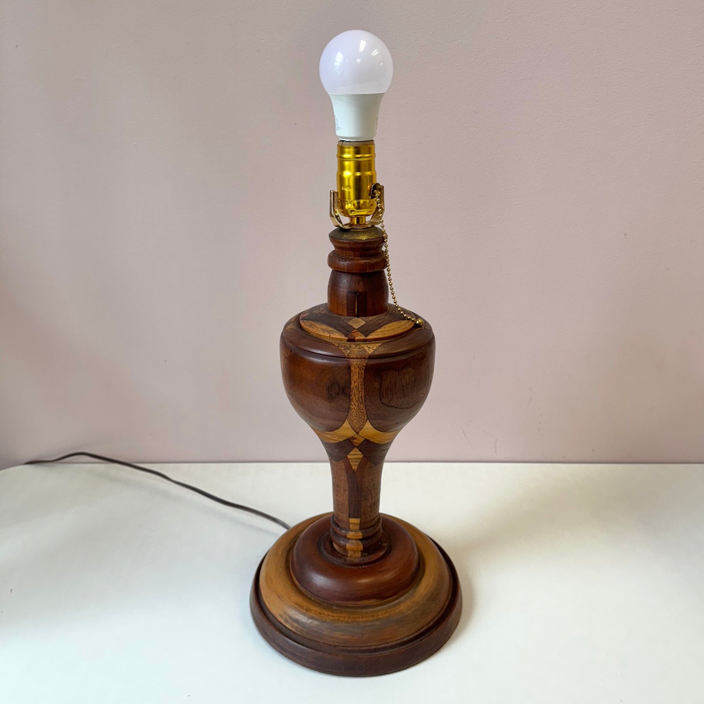 Mid Century Turned Mixed Wood Lamp W/Shade
