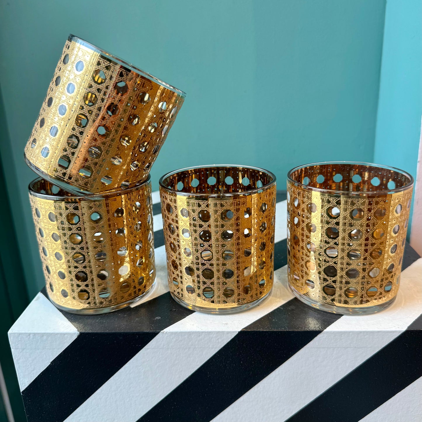 Set of 4 Vintage Gold Cannella Rattan Rocks Glasses by Culver