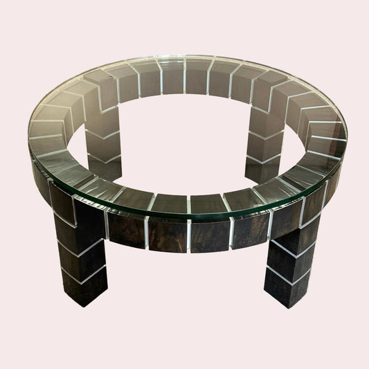 Vintage Postmodern Dark Wood Block and Glass Circular Coffee Table