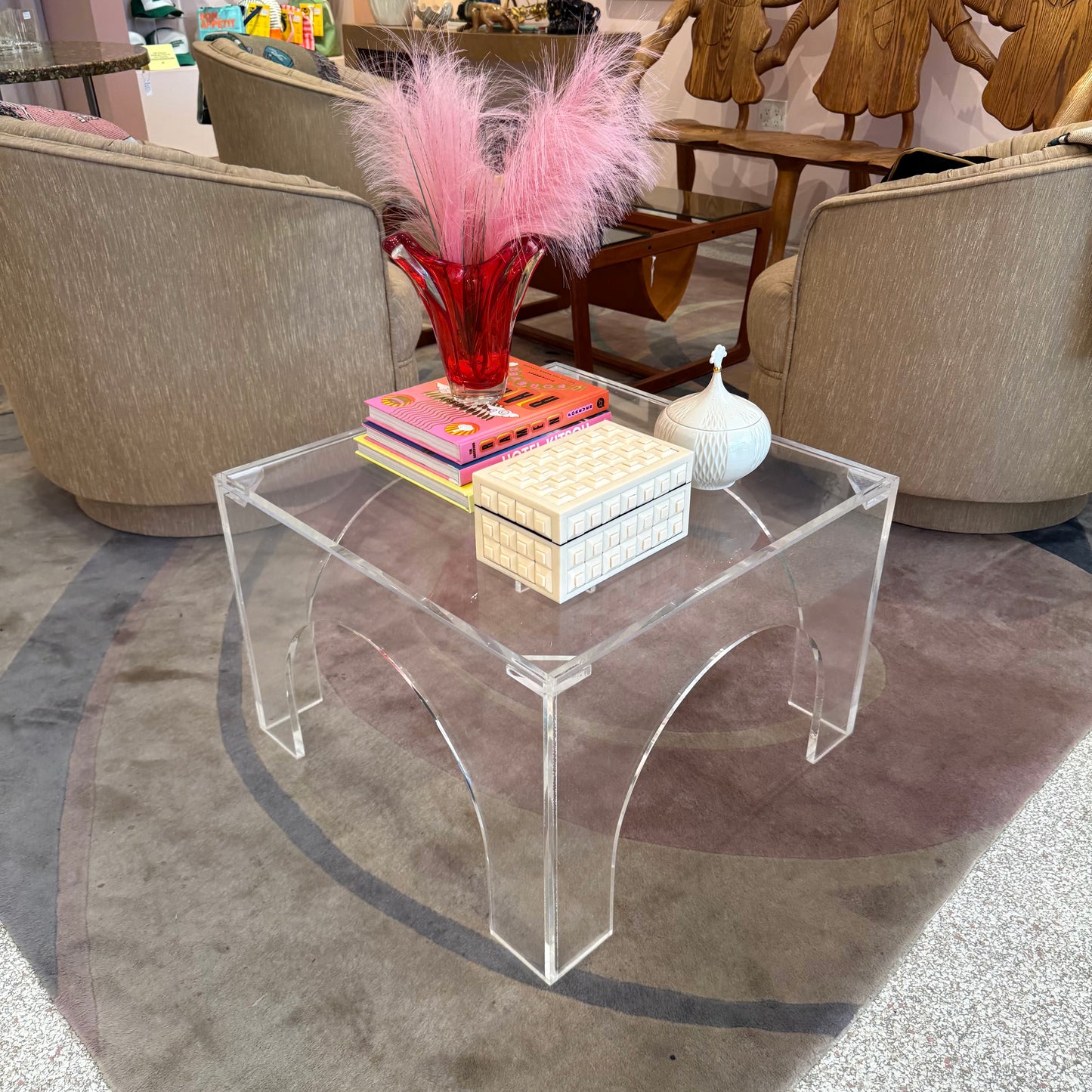Vintage Square Lucite Coffee Table with Arch Base