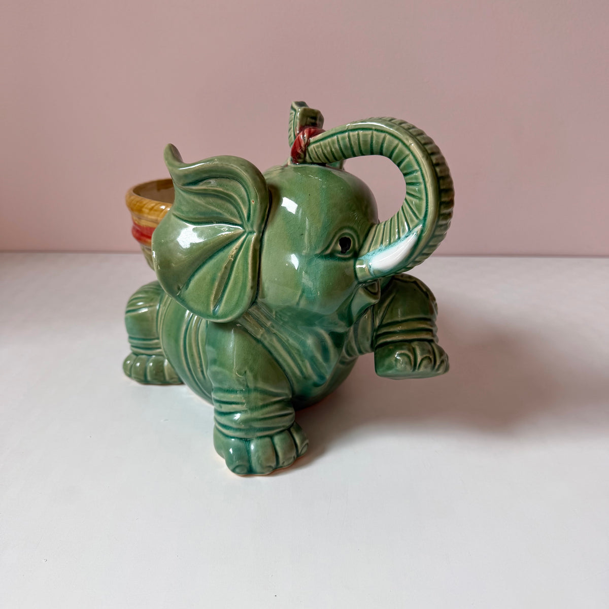Vintage Green Ceramic Elephant Planter