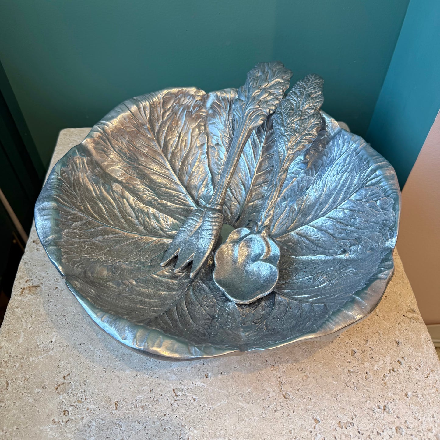 Vintage Wilton Co Pewter Cabbage Leaf Serving Bowl and Utensils