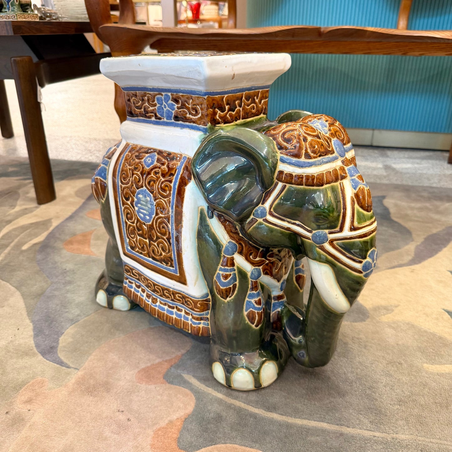 Vintage Hand Painted Green Ceramic Asian Elephant Plant Stand