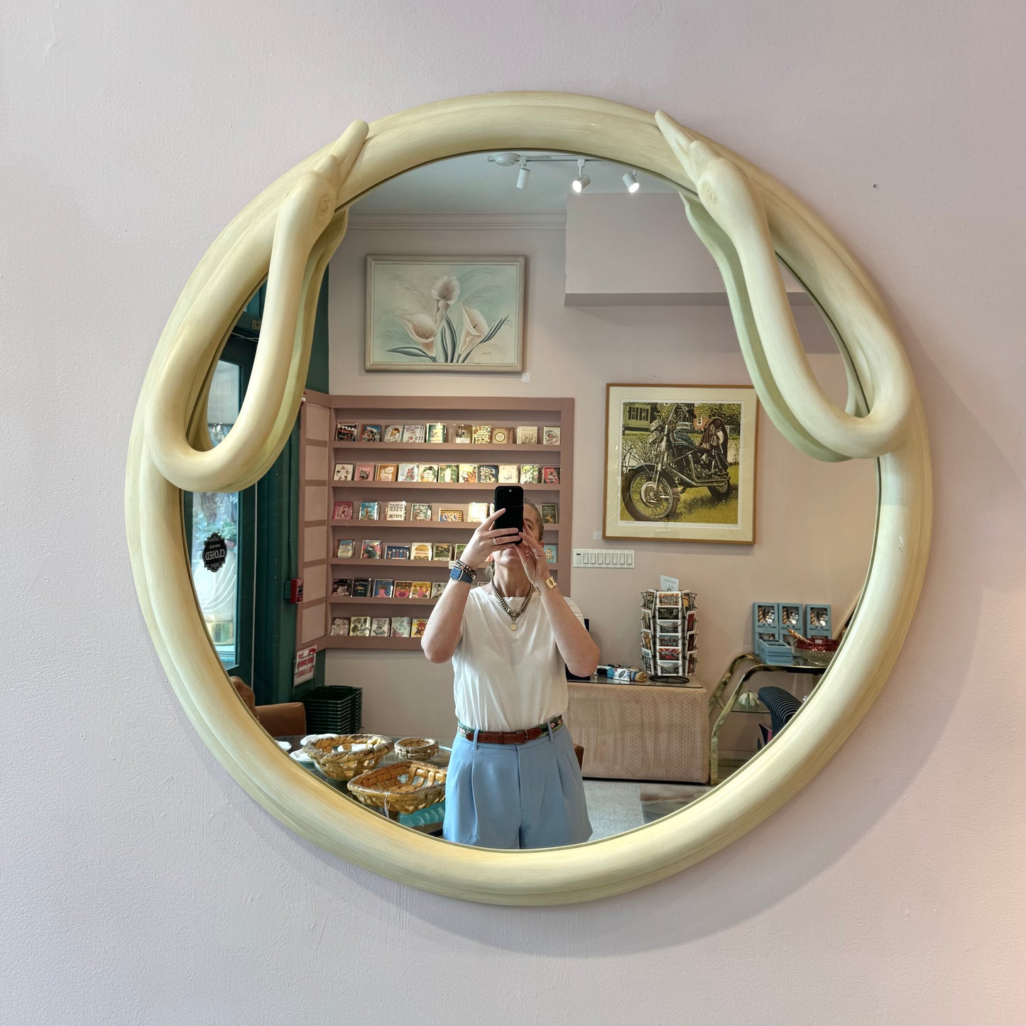 Vintage Circular Cream Swan Mirror