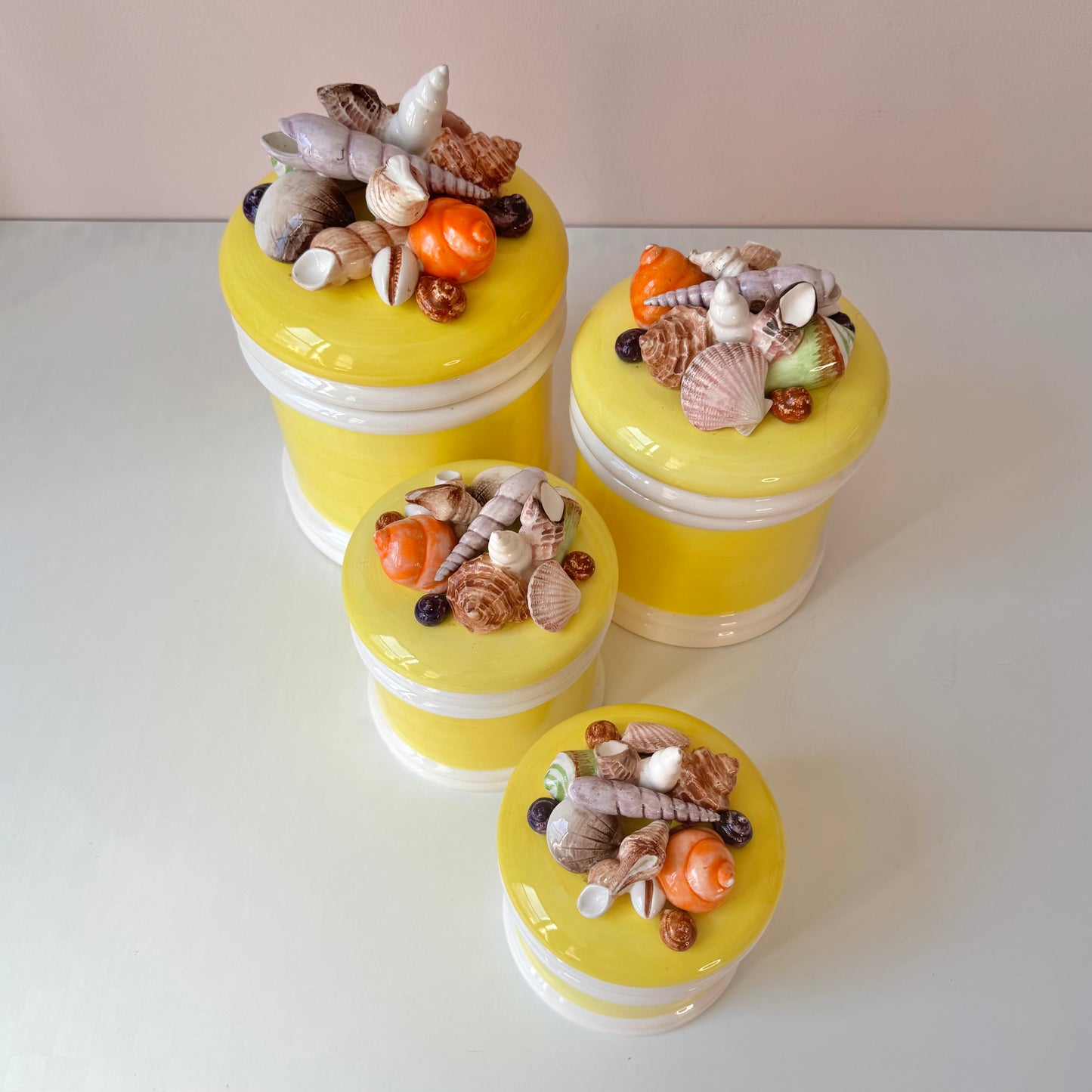 Vintage Set of 4 Seymour Mann Yellow Ceramic Shell Canisters (as is)
