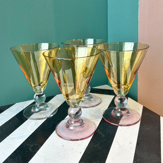 Vintage Amber And Pink Iridescent Water Goblet Glasses