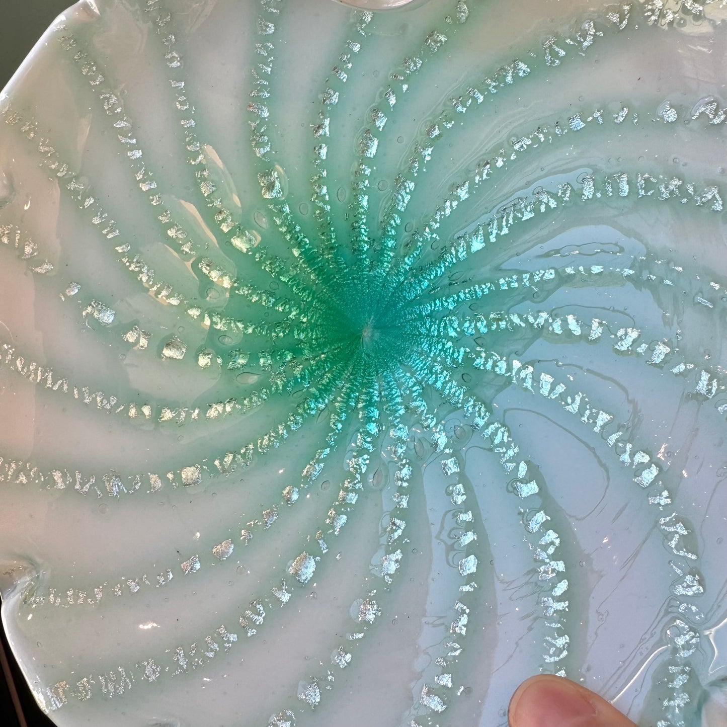 Vintage Murano Glass Large Aqua Green and Silver Leaf Bowl