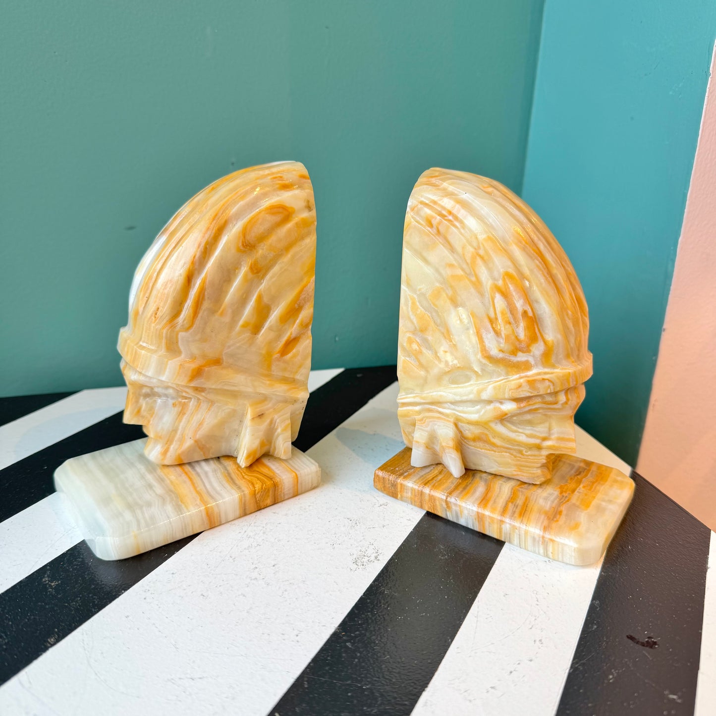 Pair of Vintage Alabaster Native American Indian Bookends