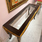 Vintage Dark Wood Console with Gold Gilt Draped Valance Detail