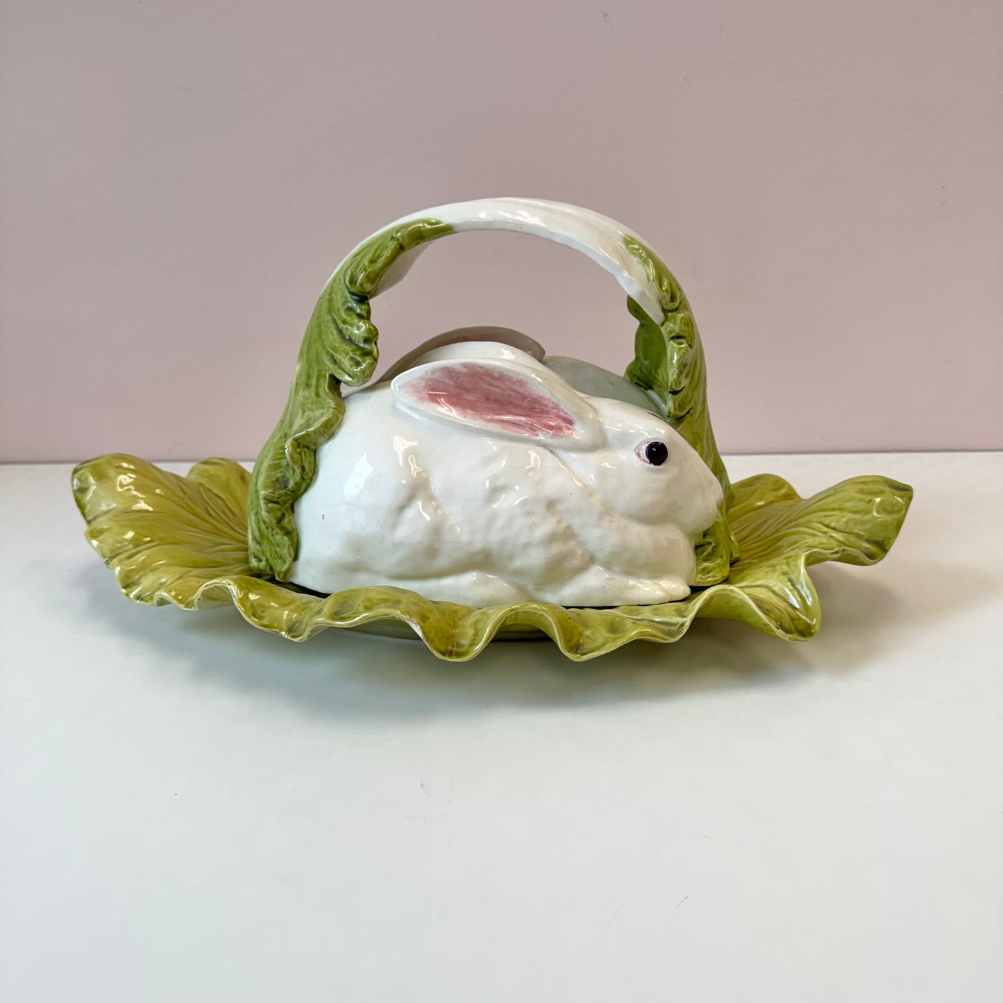 Vintage Bordallo Pinheiro Majolica Rabbit and Lettuce Leaf Covered Platter