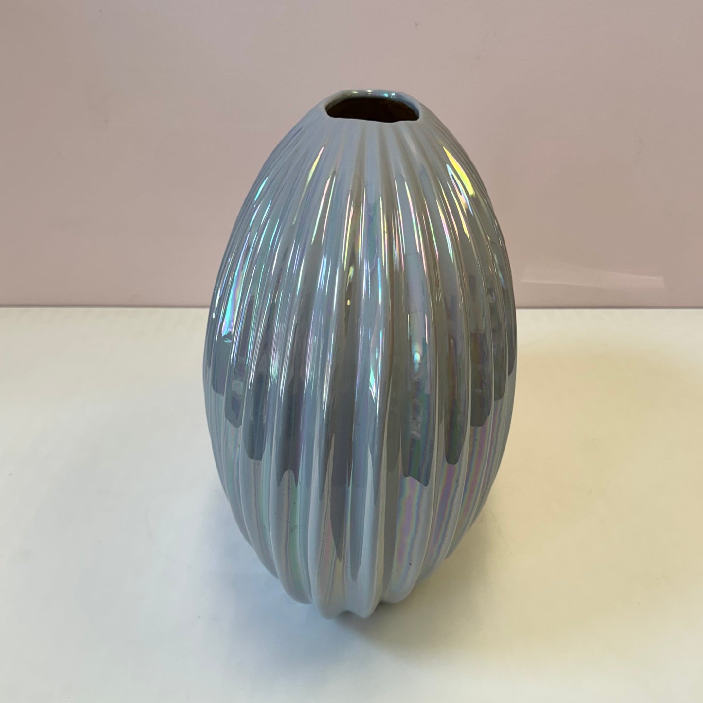 Vintage Pale Blue Opalescent Ribbed Vase