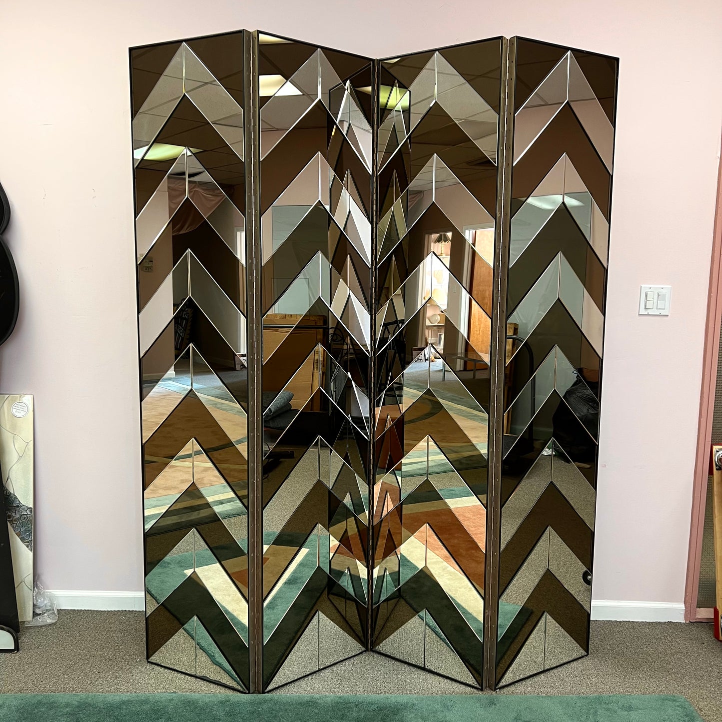 Vintage 4 Panel Chevron Mirrored Screen/Room Divider