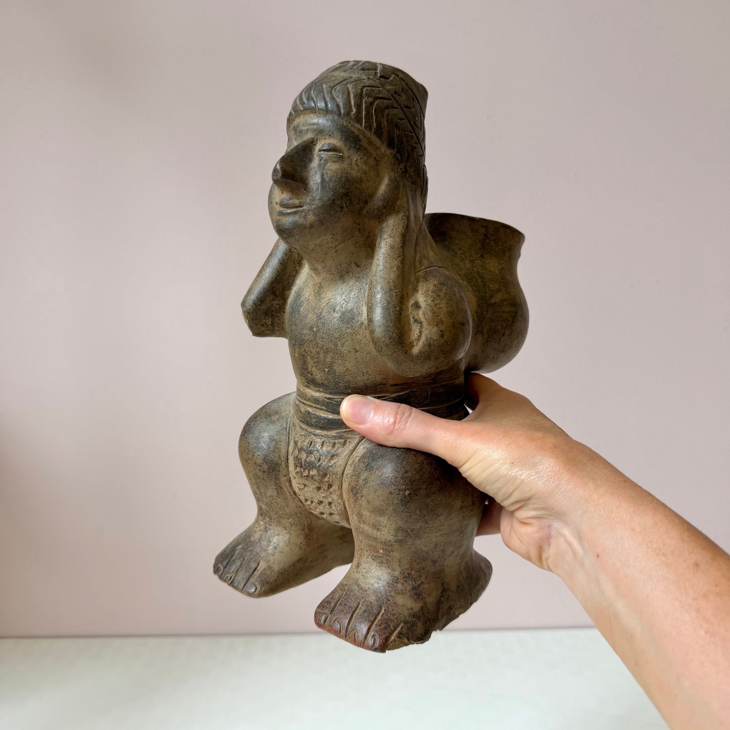 Vintage Mid-Century Aztec-Style 'Figure Carrying a Basket' Clay Pottery Planter (as is)