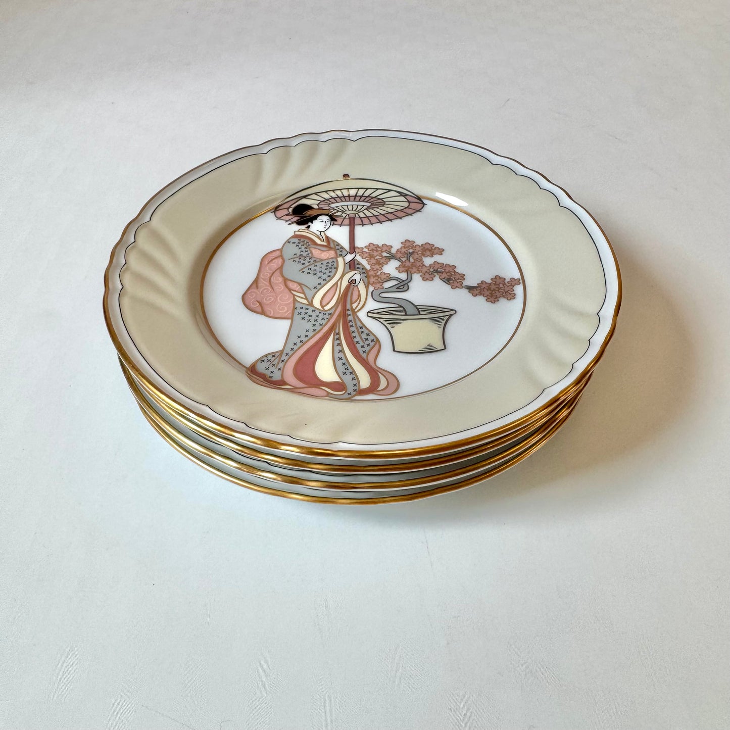 Vintage Set of 4 "Strolling Geisha" Appetizer Plates by Fitz & Floyd